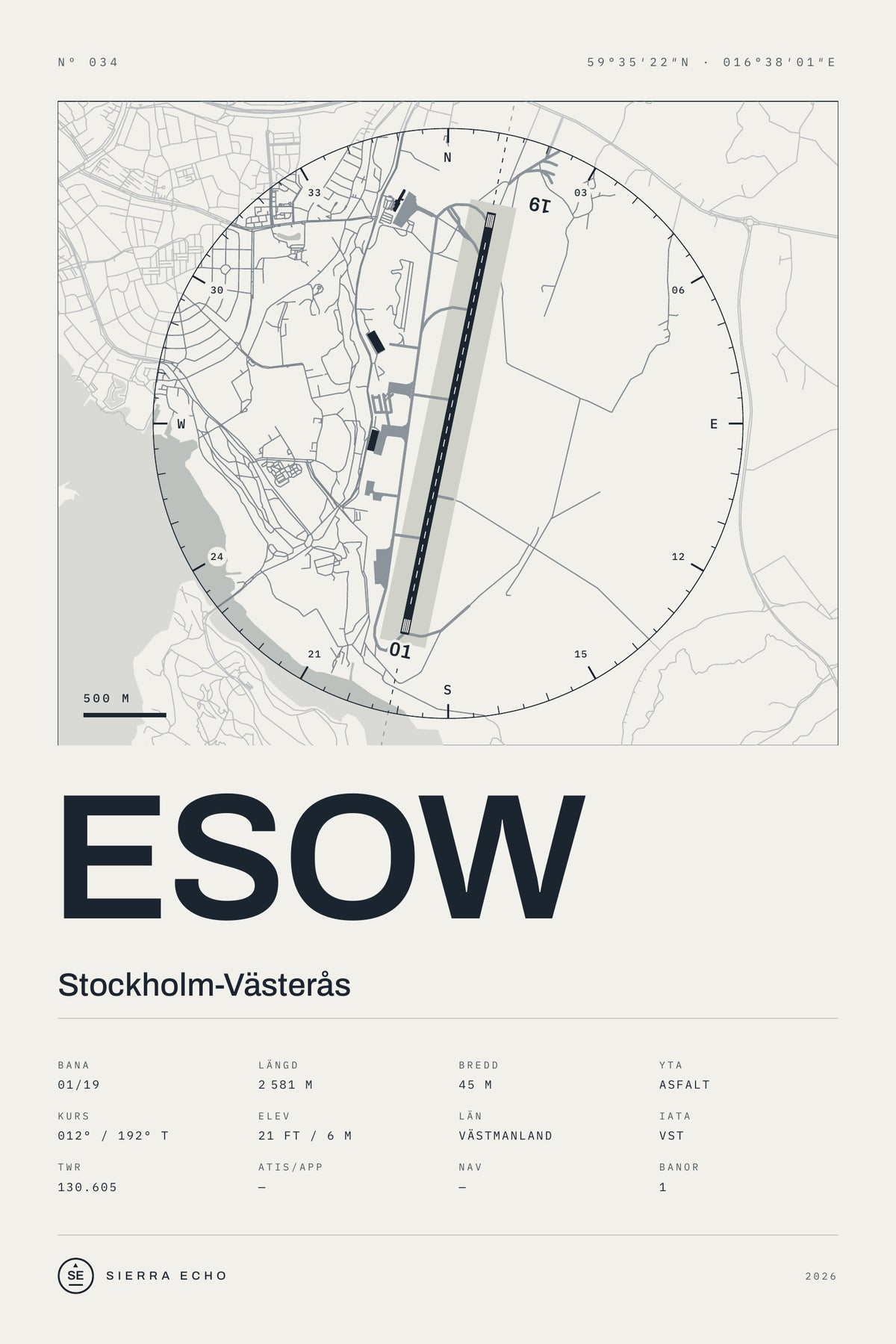 Karta över Stockholm-Västerås (ESOW), ljus poster med banor, kompassros och specifikation