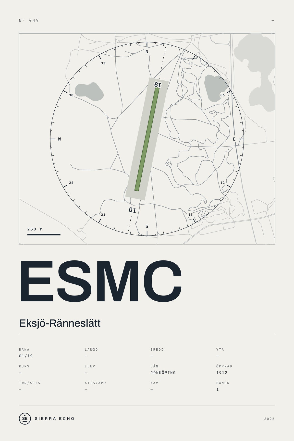 Karta över Eksjö-Ränneslätt (ESMC), ljus poster med banor, kompassros och specifikation
