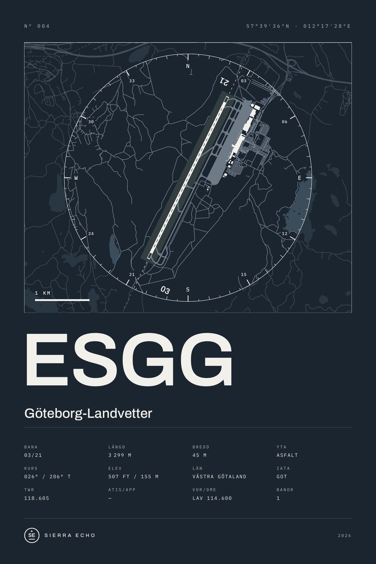 Karta över Göteborg-Landvetter (ESGG), mörk poster med banor, kompassros och specifikation