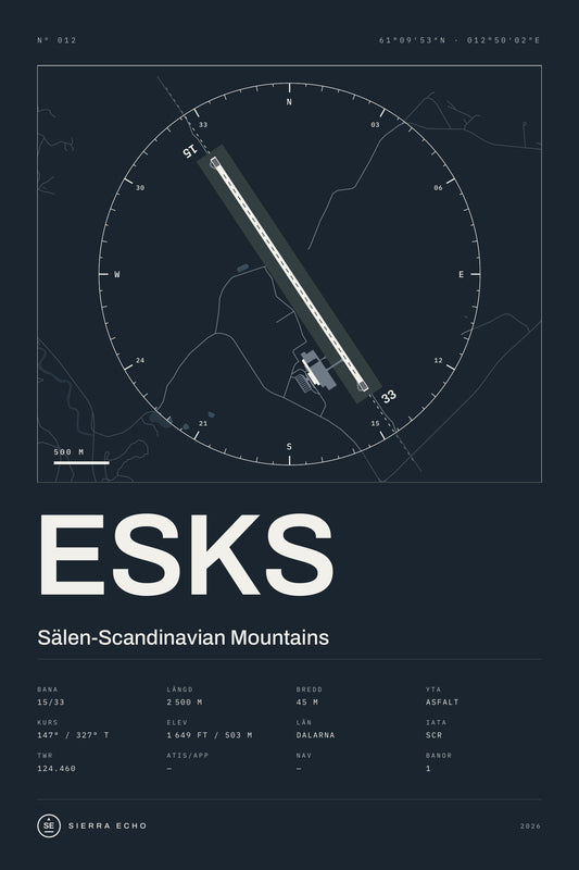 Karta över Sälen-Scandinavian Mountains (ESKS), mörk poster med banor, kompassros och specifikation