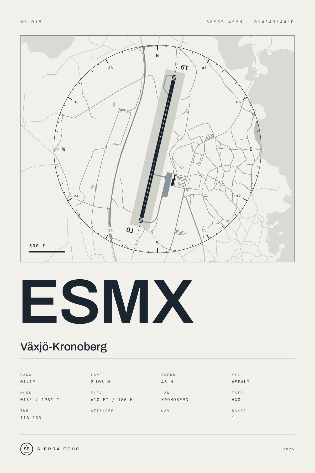 Karta över Växjö-Kronoberg (ESMX), ljus poster med banor, kompassros och specifikation