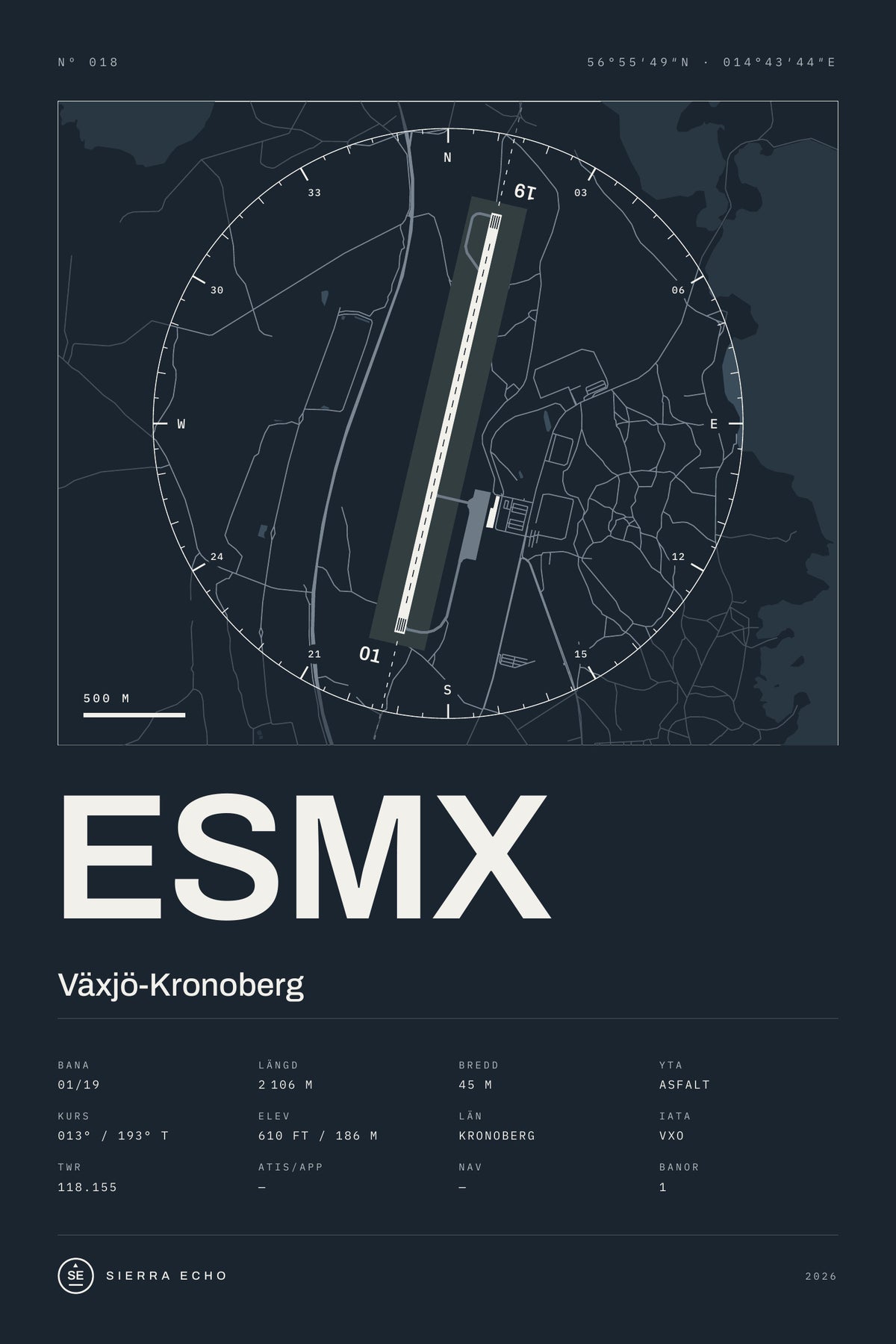 Karta över Växjö-Kronoberg (ESMX), mörk poster med banor, kompassros och specifikation