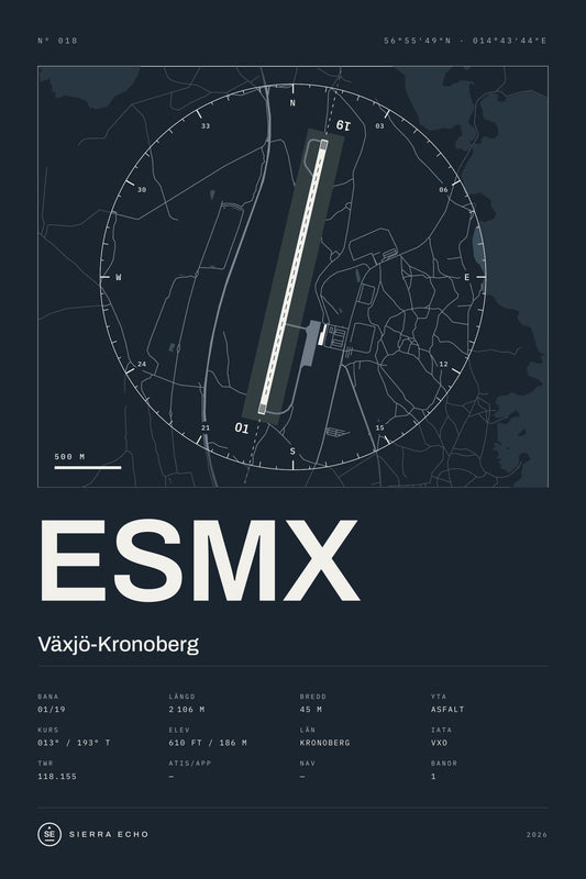 Karta över Växjö-Kronoberg (ESMX), mörk poster med banor, kompassros och specifikation
