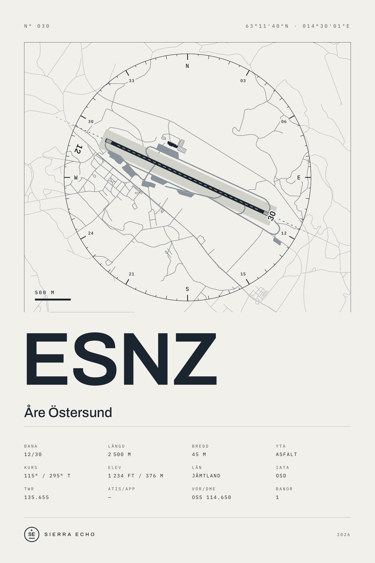 Karta över Åre Östersund (ESNZ), ljus poster med banor, kompassros och specifikation