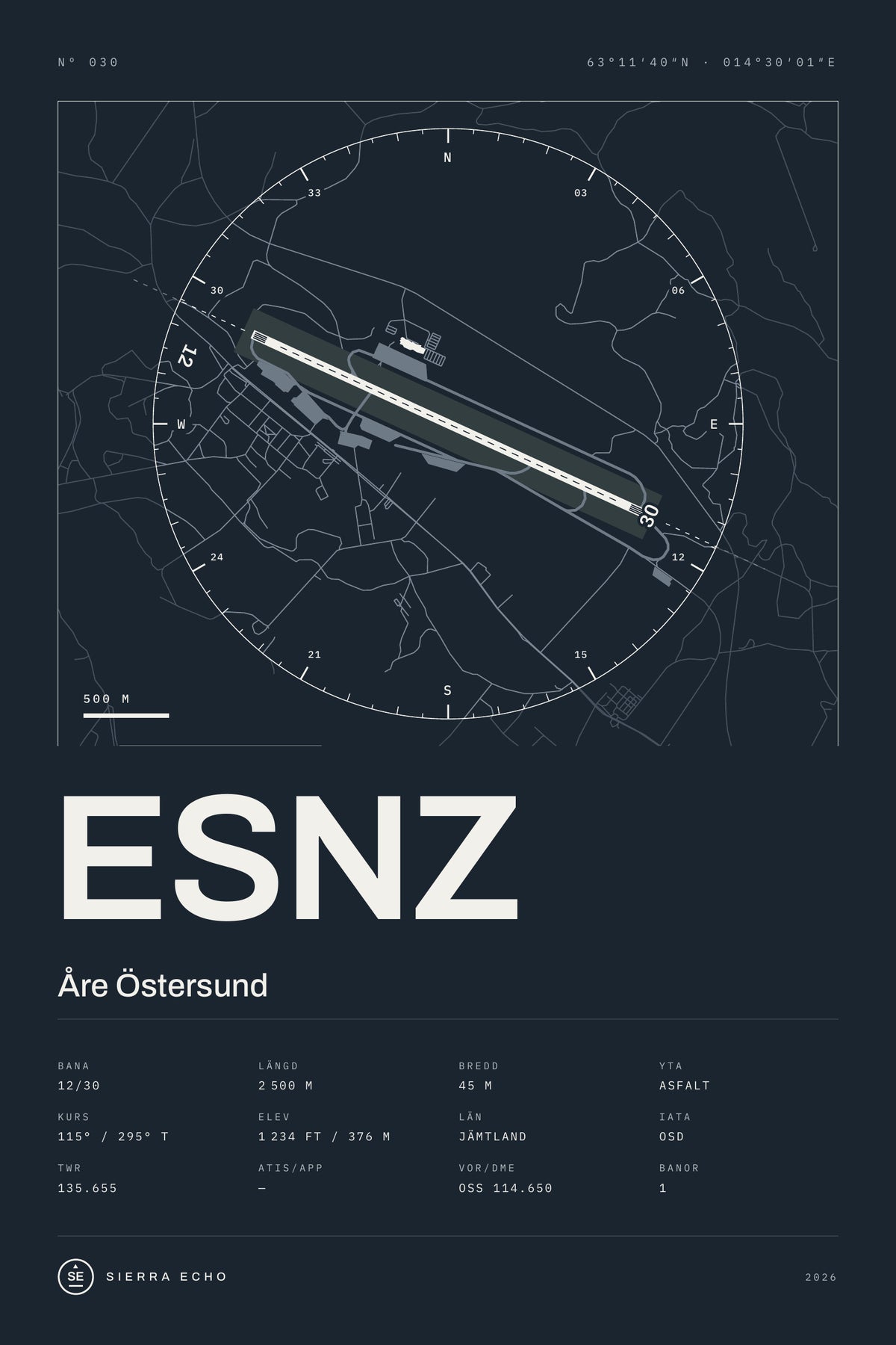 Karta över Åre Östersund (ESNZ), mörk poster med banor, kompassros och specifikation