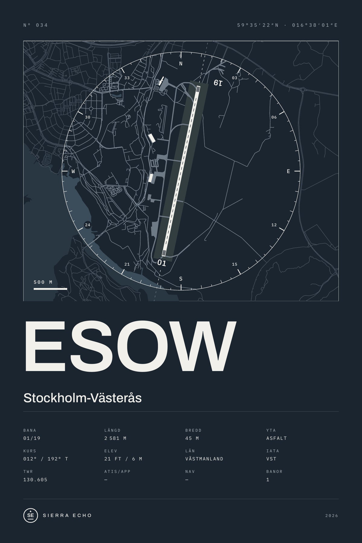 Karta över Stockholm-Västerås (ESOW), mörk poster med banor, kompassros och specifikation