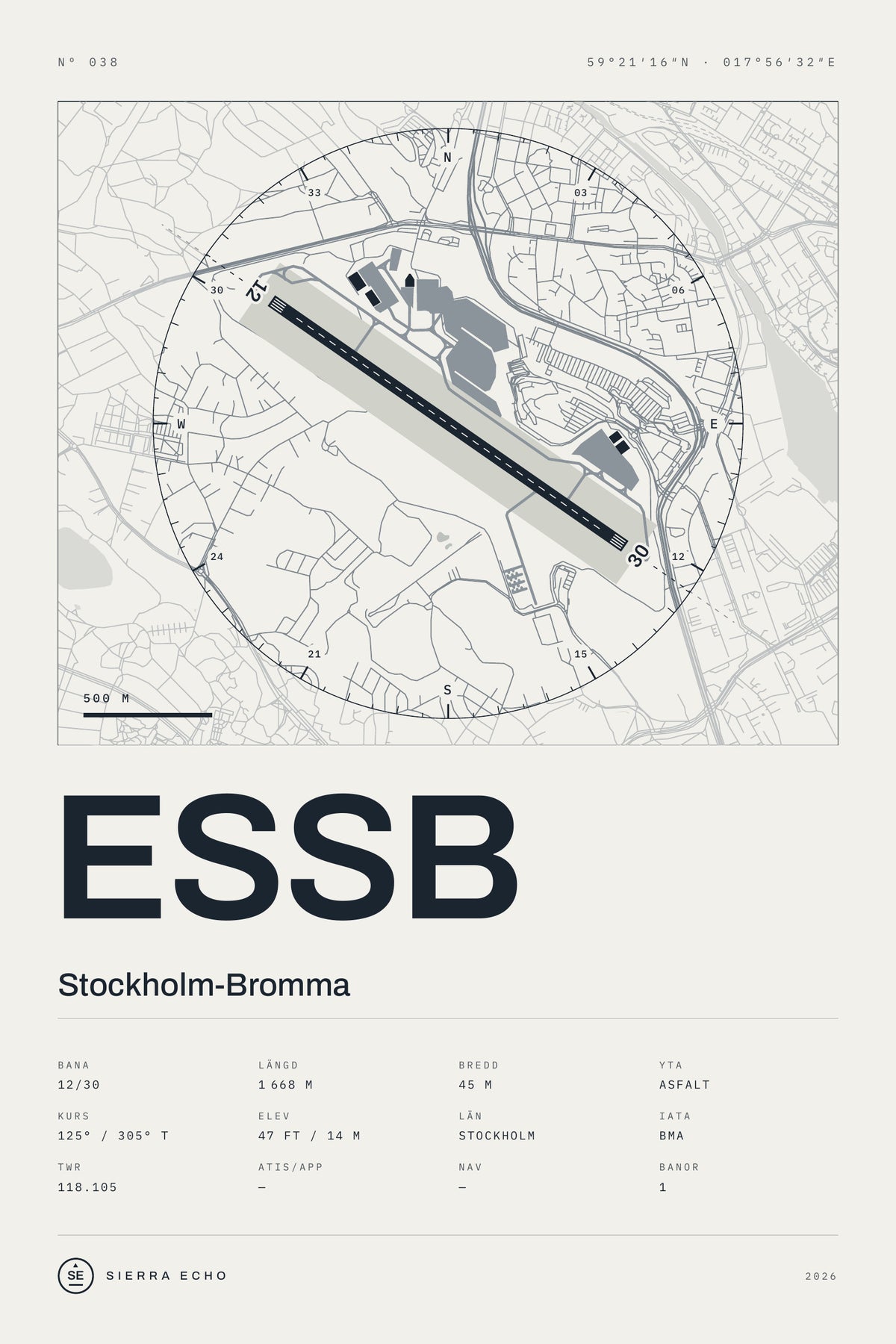 Karta över Stockholm-Bromma (ESSB), ljus poster med banor, kompassros och specifikation