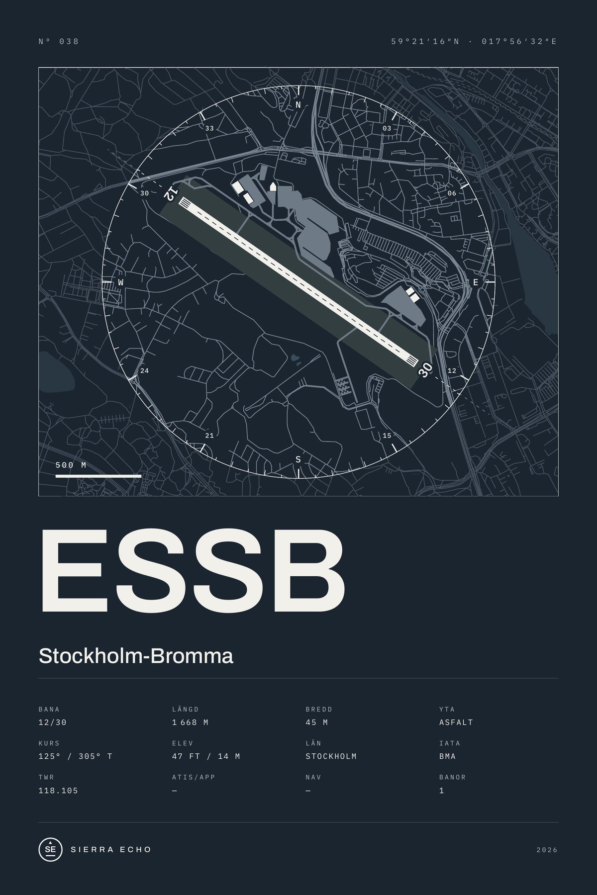 Karta över Stockholm-Bromma (ESSB), mörk poster med banor, kompassros och specifikation