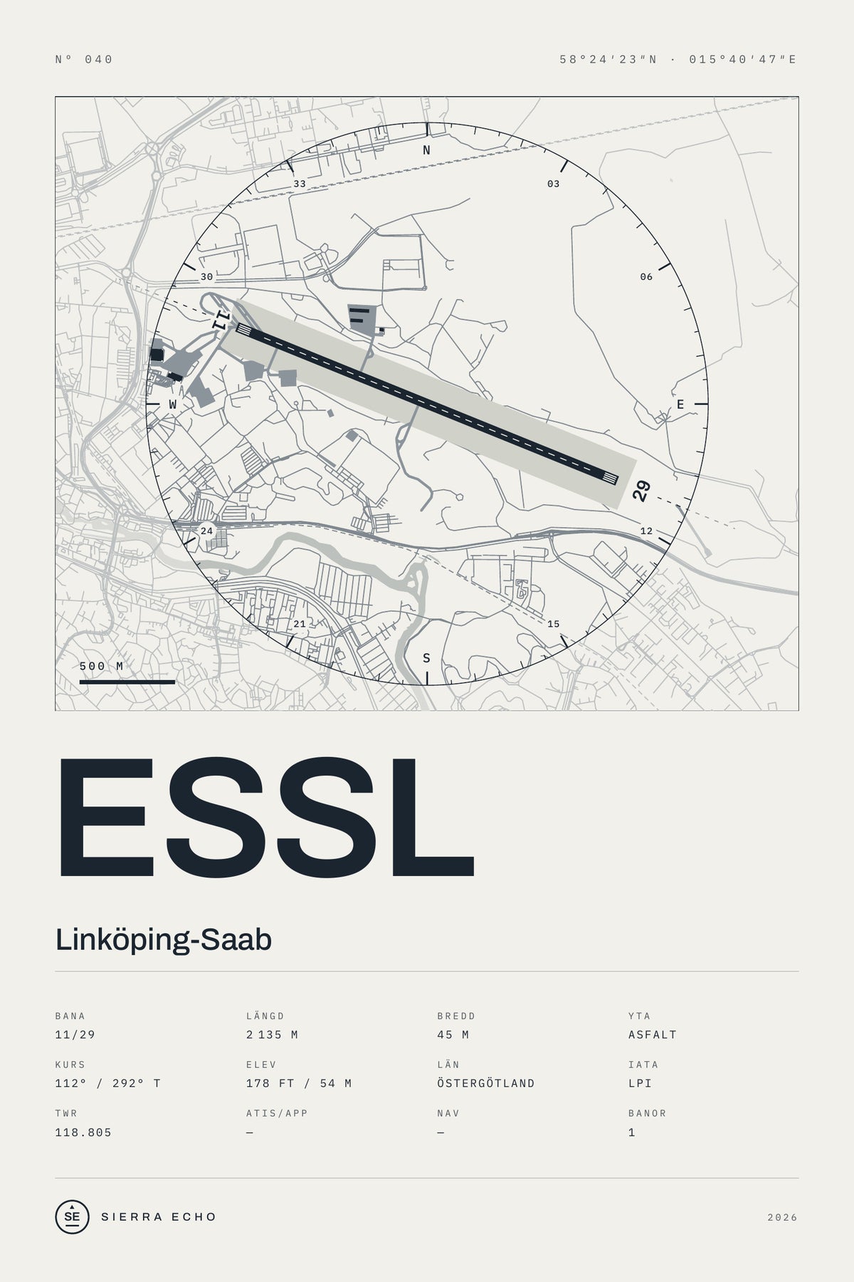 Karta över Linköping-Saab (ESSL), ljus poster med banor, kompassros och specifikation