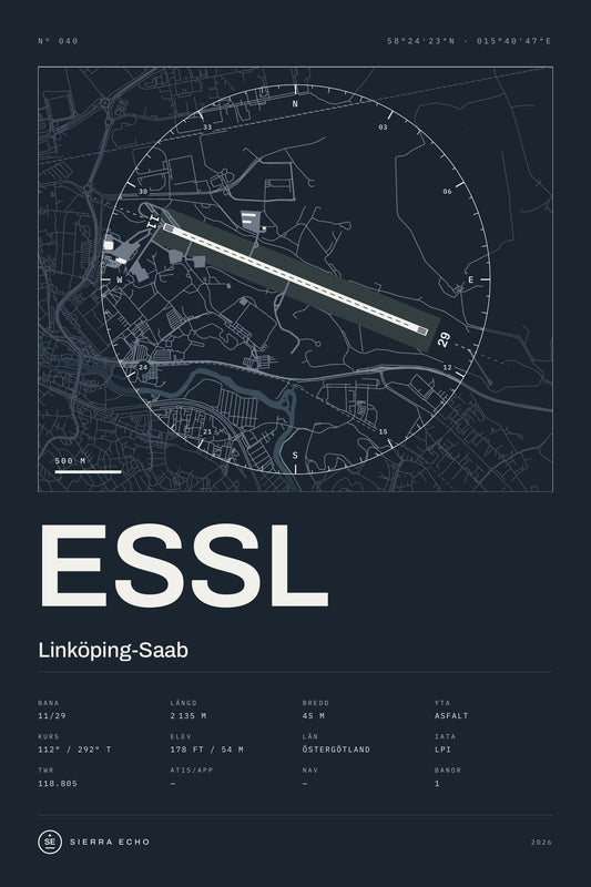 Karta över Linköping-Saab (ESSL), mörk poster med banor, kompassros och specifikation