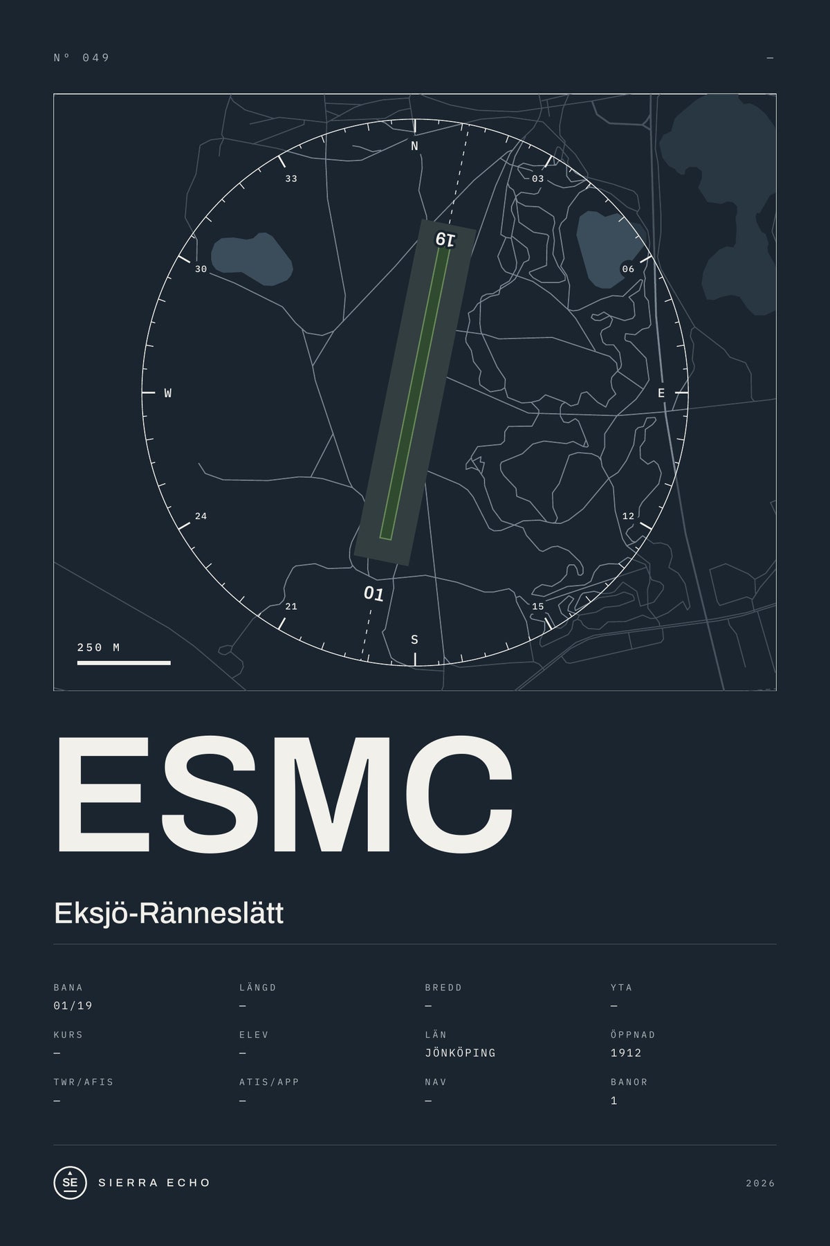 Karta över Eksjö-Ränneslätt (ESMC), mörk poster med banor, kompassros och specifikation