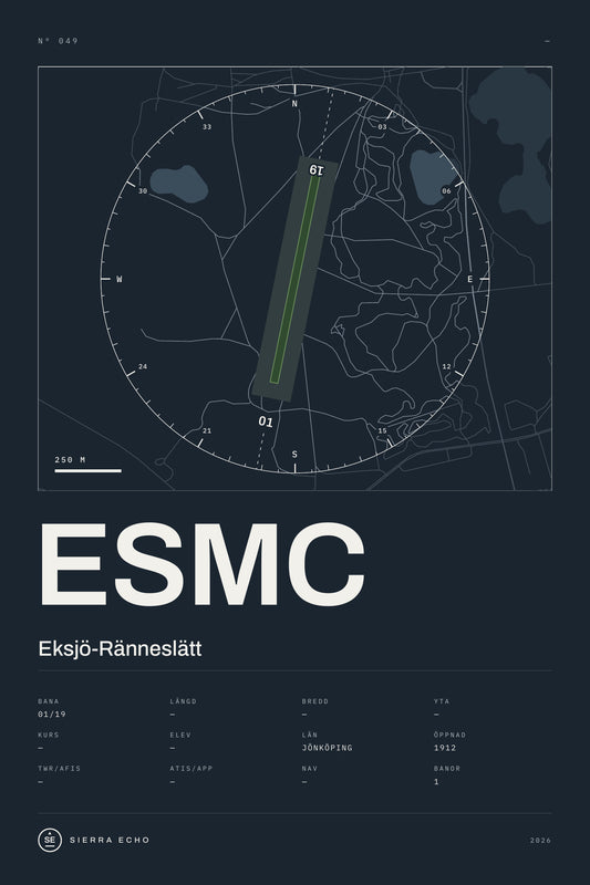 Karta över Eksjö-Ränneslätt (ESMC), mörk poster med banor, kompassros och specifikation
